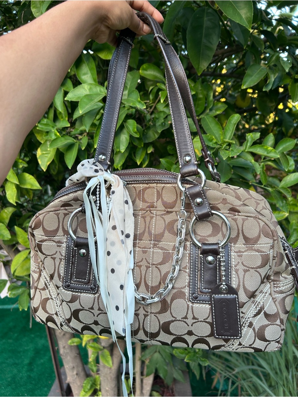 Coach Brown Signature Canvas Satchel with Dark Brown Leather Trim